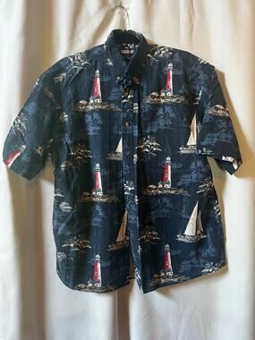 Keeler Bay Shirt ButtonUp Tropical Print Size L Sailboat Lighthouse Short Sleeve
